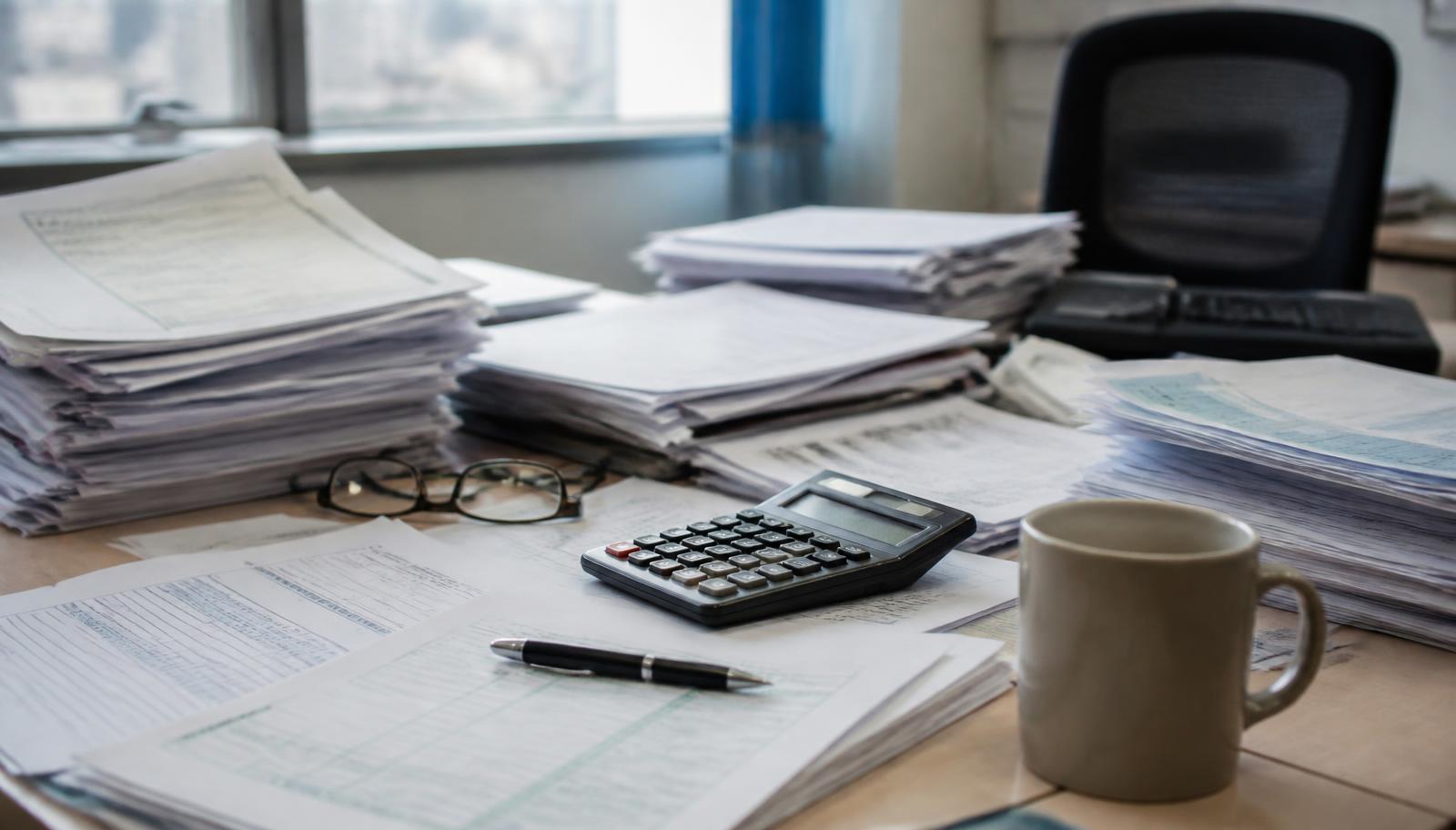 Mesa de escritório com pilhas de notas fiscais impressas, calculadora, óculos e caneta